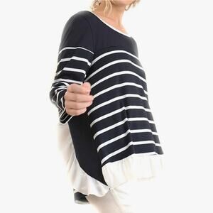 Umgee Womens Black and White Stripe Long Sleeve Back Tie Ruffle Top Size Large